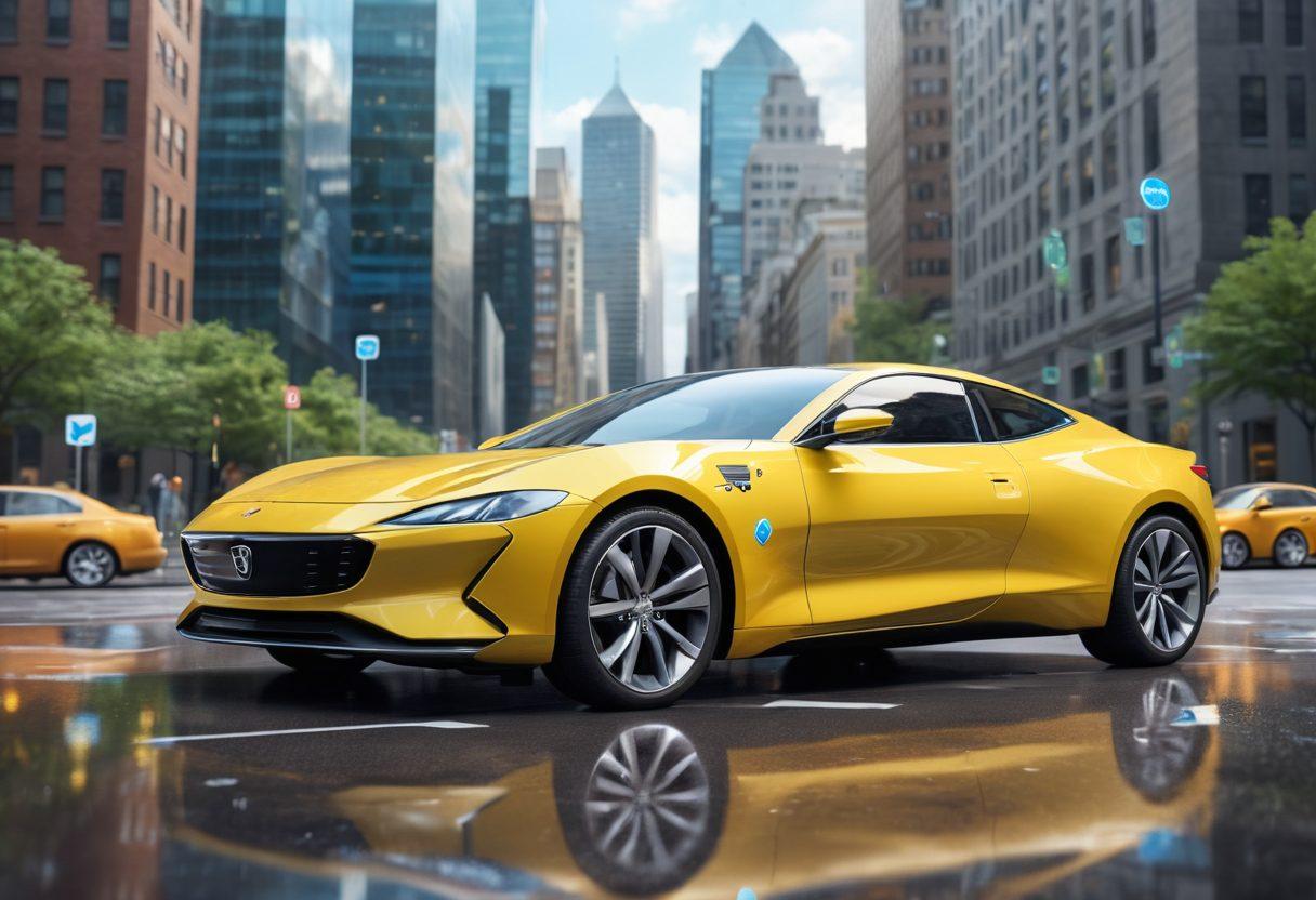 A visually striking illustration of a car with various insurance icons floating around it, symbolizing affordability and coverage options. The background features a modern cityscape, hinting at urban driving. Include a diverse group of happy people examining their insurance plans together. Bright colors to evoke a sense of optimism and opportunity. digital art. vibrant colors. 3D.