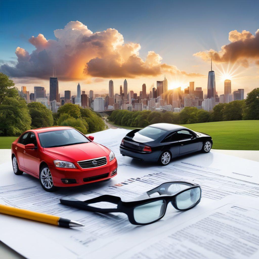 A vibrant collage of various car insurance documents and price quotes, surrounded by different types of cars (sedan, SUV, sports car) on a bustling city street. Include elements like a magnifying glass to symbolize searching for the best deals and a calculator to represent cost analysis. The background features a bright skyline with trees and a sun peeking through clouds, conveying optimism and clarity. super-realistic. vibrant colors. white background.