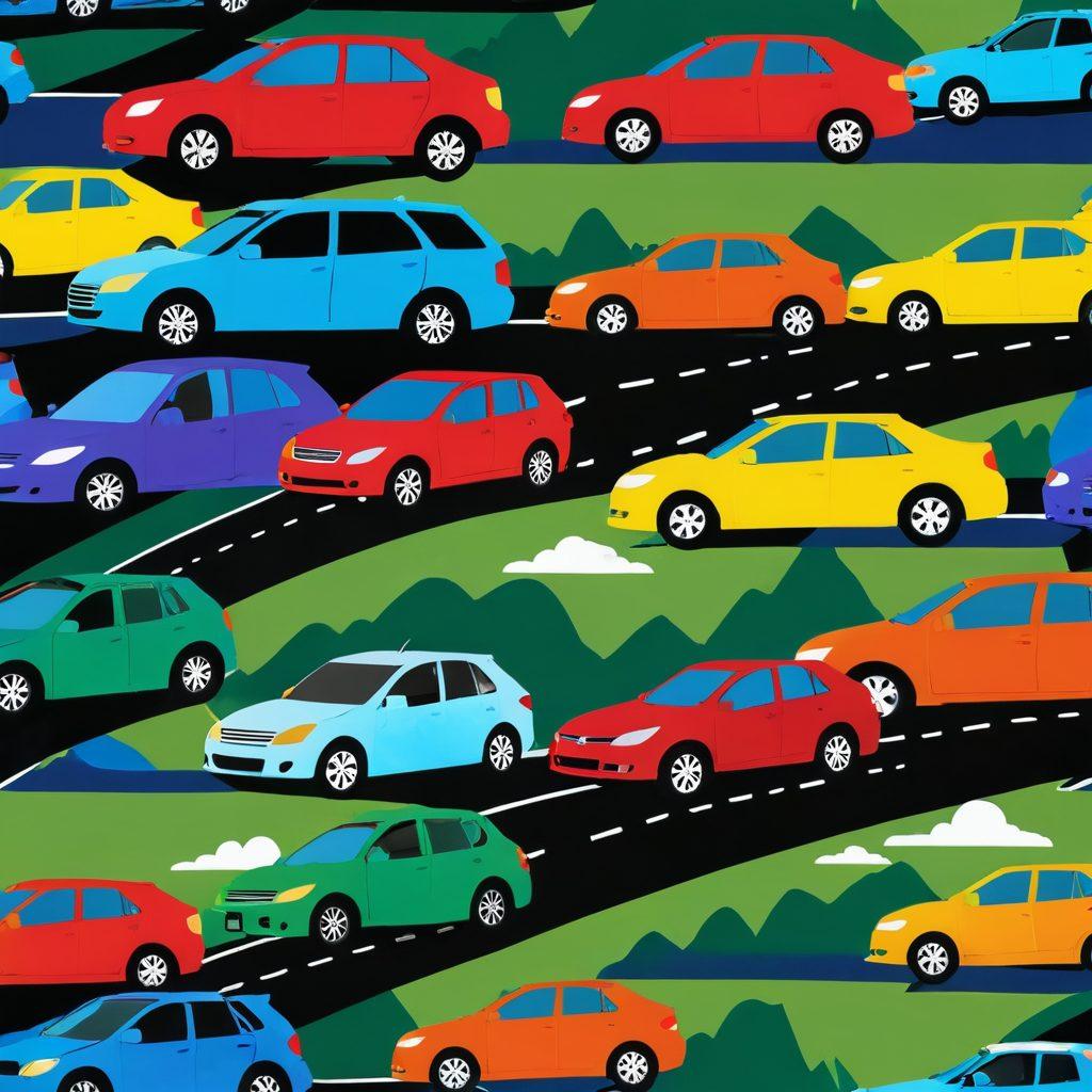 A vibrant collage featuring a diverse range of vehicles such as cars, SUVs, and motorcycles, each adorned with colorful discount tags. The background shows a serene road winding through scenic landscapes, symbolizing a journey towards savings. Include icons of insurance shields and calculators to represent vehicle coverage and budgeting. The overall mood should be uplifting and encouraging, inspiring readers to explore affordable options. super-realistic. vibrant colors. 3D.